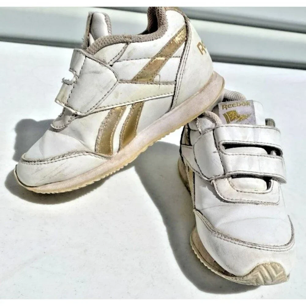 Reebok Toddlers Sz 9 Shoes Sneakers Classic Leather Step Flash White/Gold Straps